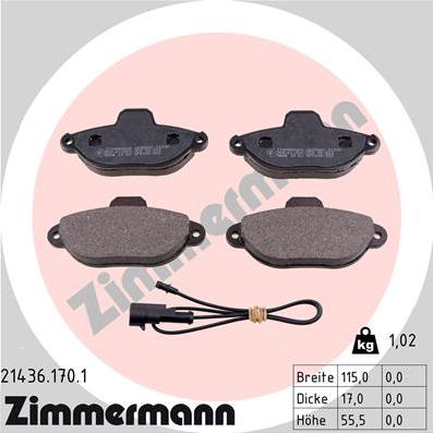 Zimmermann 21436.170.1 - колодки дисковые !перед. 115x56x17 \FIAT, FORD, LANCIA KA 1.2 08>16, PUNTO 1.7 D 94>97, 55 1.1 93>99 autosila-amz.com