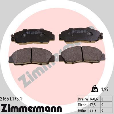 Zimmermann 21651.175.1 - Тормозные колодки, дисковые, комплект autosila-amz.com