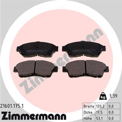 Zimmermann 21601.175.1 - Тормозные колодки, дисковые, комплект autosila-amz.com