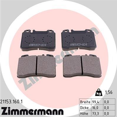 Zimmermann 21153.160.1 - Тормозные колодки, дисковые, комплект autosila-amz.com
