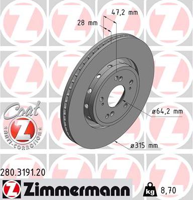 Zimmermann 280.3191.20 - Тормозной диск autosila-amz.com