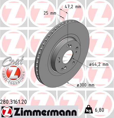 Zimmermann 280.3161.20 - Диск тормозной (заказывать 2шт./цена за1шт.) HONDA с антикоррозионным покрытием Coat Z autosila-amz.com