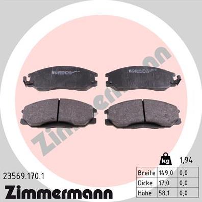 Zimmermann 23569.170.1 - Тормозные колодки, дисковые, комплект autosila-amz.com