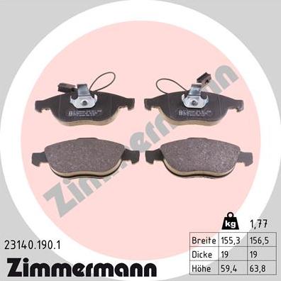 Zimmermann 23140.190.1 - Тормозные колодки, дисковые, комплект autosila-amz.com