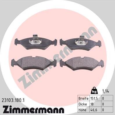 Zimmermann 23103.180.1 - Тормозные колодки, дисковые, комплект autosila-amz.com