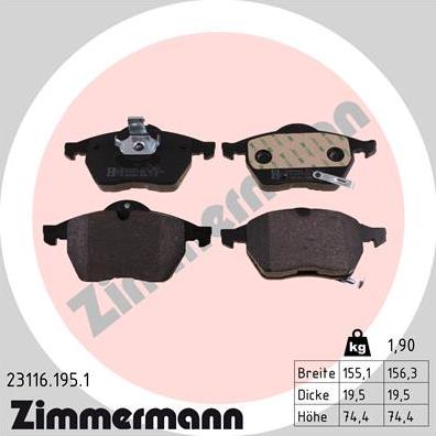 Zimmermann 23116.195.1 - колодки дисковые !перед. 155x74x20 \SAAB 9-3 2.0 i 98>02, 98>03, SE Turbo, 2 autosila-amz.com
