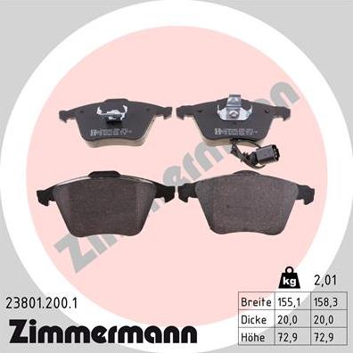 Zimmermann 23801.200.1 - Тормозные колодки, дисковые, комплект autosila-amz.com