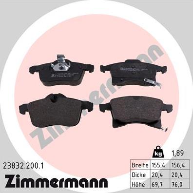 Zimmermann 23832.200.1 - колодки дисковые !перед. 155x70x20 \ Opel Astra H/Meriva/Zafira 1.4-2.0/1.7CDTi 03> autosila-amz.com