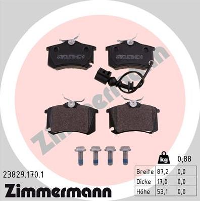 Zimmermann 23829.170.1 - колодки дисковые !задн. 87x53x17 \SEAT, SKODA, VW CORDOBA 1.4 16V 02>07, 02>09, 06>09, 1 autosila-amz.com