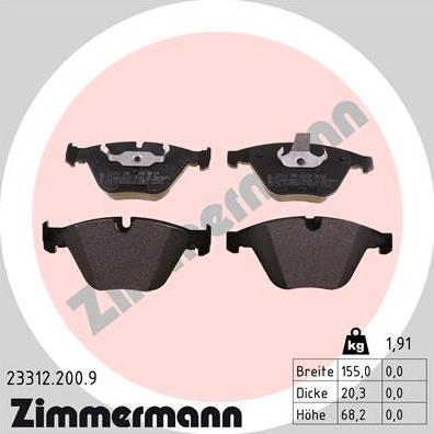 Zimmermann 23312.200.9 - колодки дисковые !перед. 155x68x20 \ BMW E65 3.5i/4.5i/3.0D/4.0D 01> autosila-amz.com