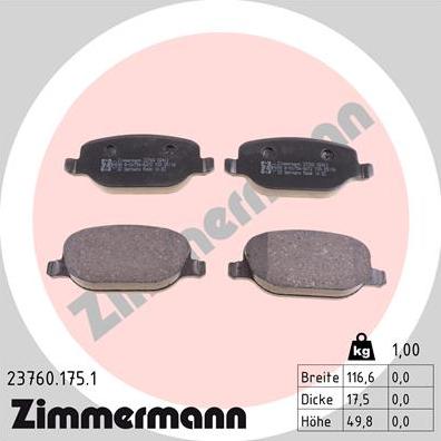 Zimmermann 23760.175.1 - Тормозные колодки, дисковые, комплект autosila-amz.com