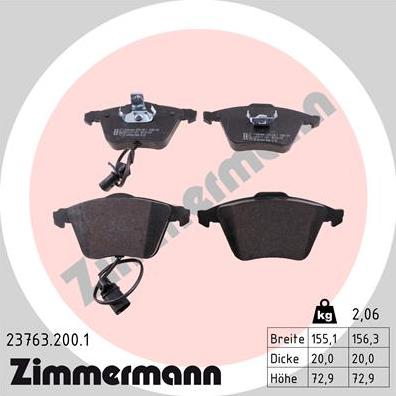 Zimmermann 23763.200.1 - Тормозные колодки, дисковые, комплект autosila-amz.com