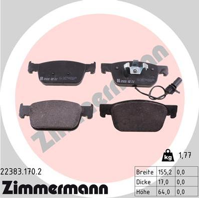 Zimmermann 22383.170.2 - Тормозные колодки, дисковые, комплект autosila-amz.com