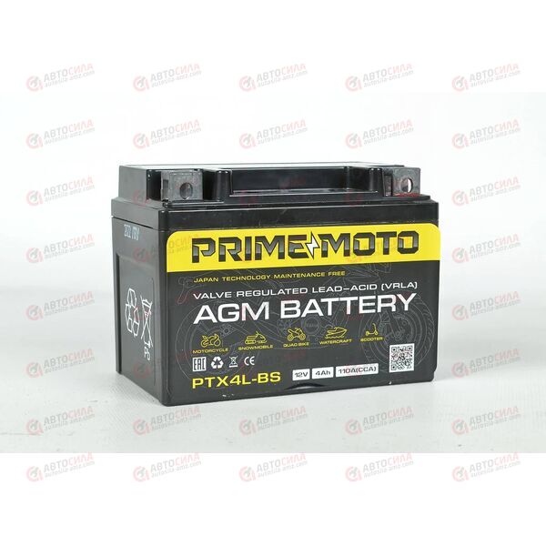 АКБ PRIME MOTO 12V/4Ah (R+) (MF) (AGM) (пт 110) (PTX4L-BS) (113x70x89)