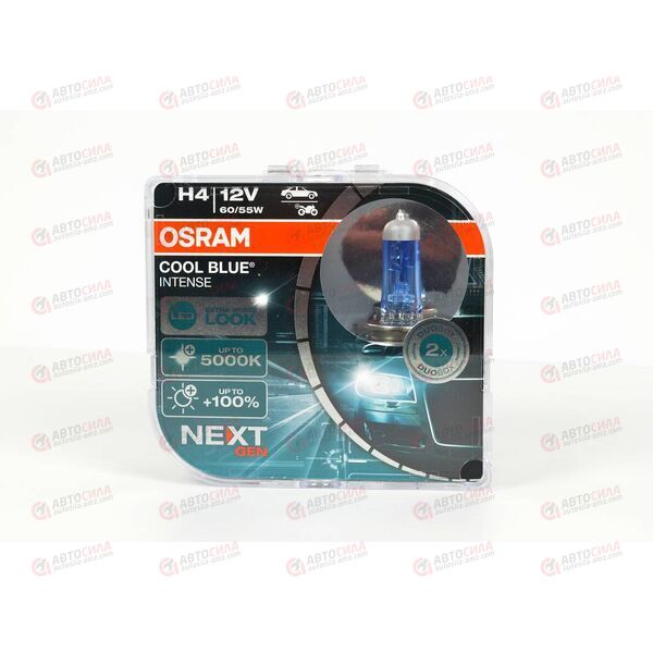 Лампа галоген 12В H4 60/55 Ватт P43е-38 +100% COOL BLUE INTENSE 5000K NextGen (пласт/кор 2 шт) OSRAM, изображение 2